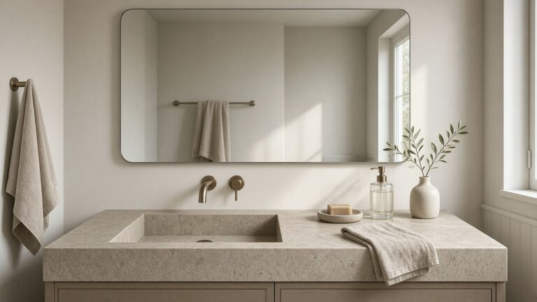 Bathroom with a large frameless rectangular mirror above a stone basin vanity