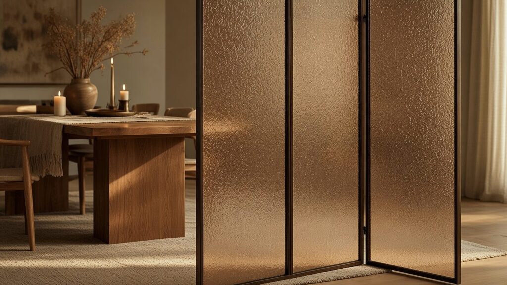 Folding screen of bronze textured glass in a dining room