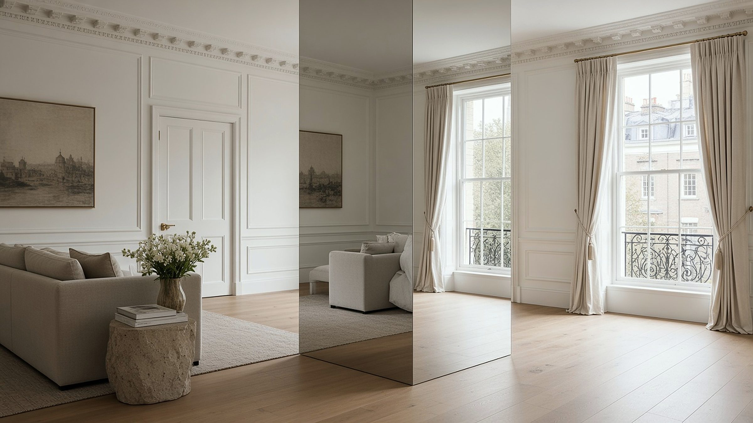 Period living room with a floor-to-ceiling mirror-clad column reflecting the room and its tall sash windows