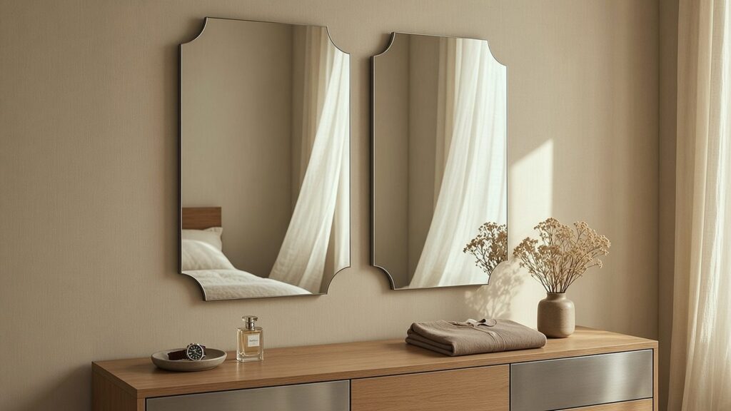 Pair of scalloped-edge mirrors above a wooden console
