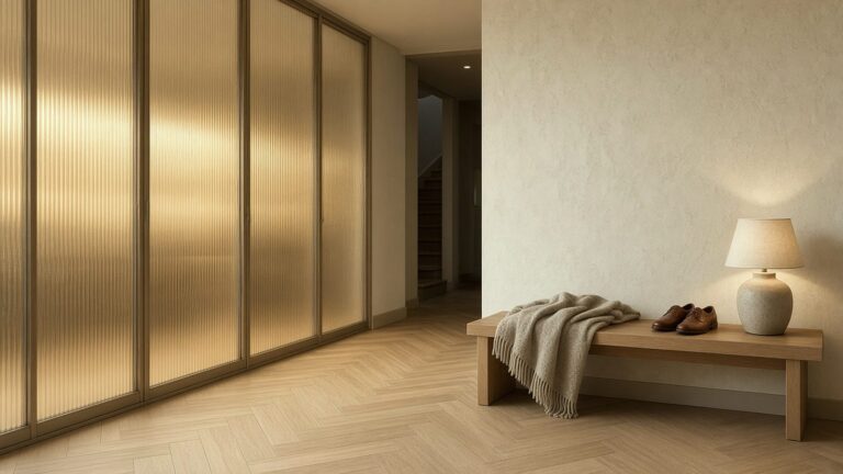 Hallway lined with backlit reeded glass panels beside a bench and table lamp