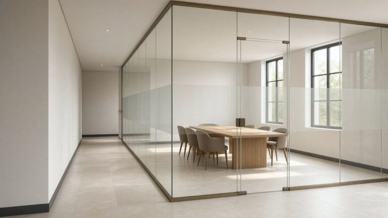 Office meeting room enclosed by frameless glass partitions