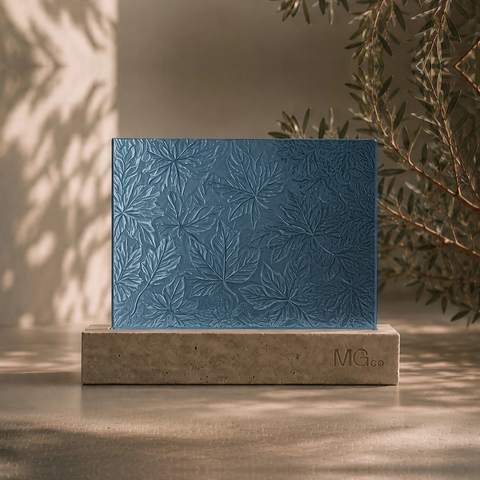 Blue Autumn Leaf patterned glass sample