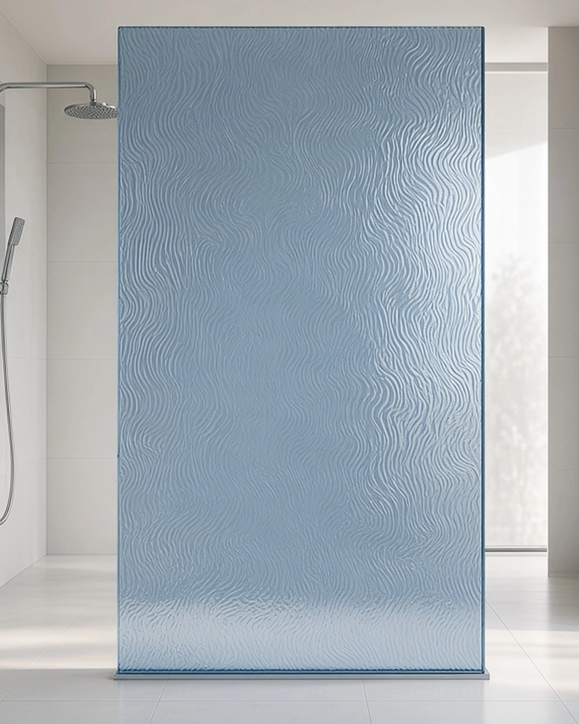 Blue Contora glass shower screen in a bathroom, illustrative render