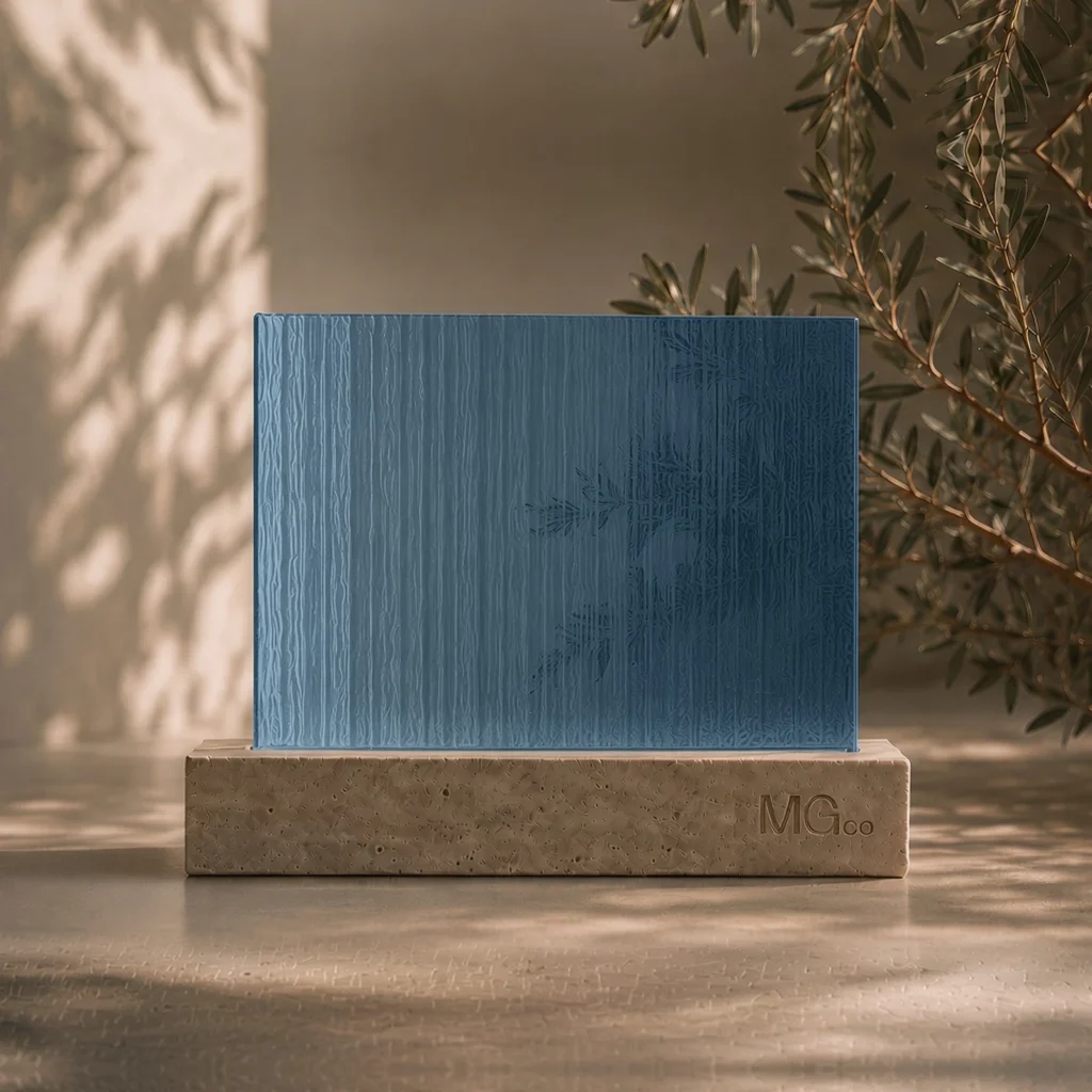 Blue Cotswold patterned glass sample