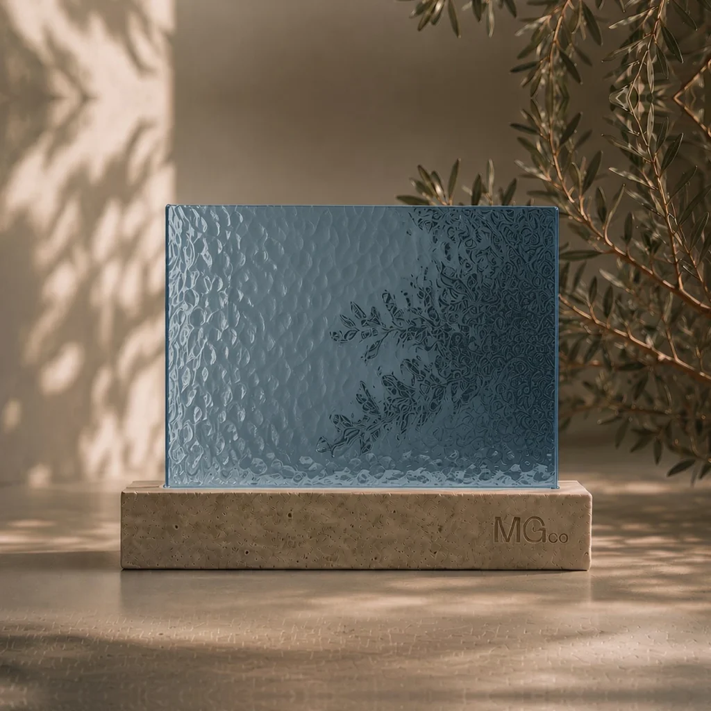 Blue Minster patterned glass sample