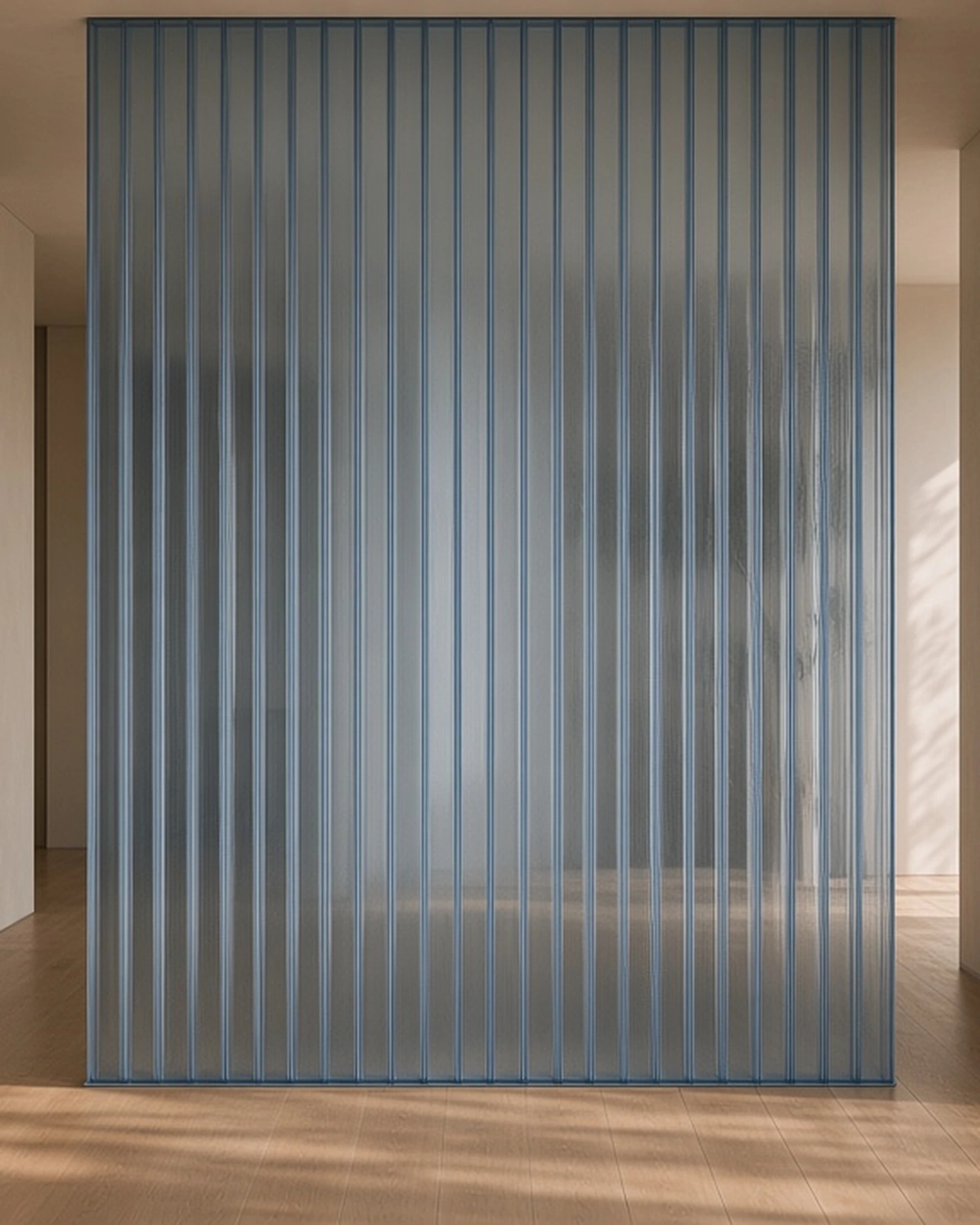 Blue 12mm reeded glass screen in a hallway, illustrative render