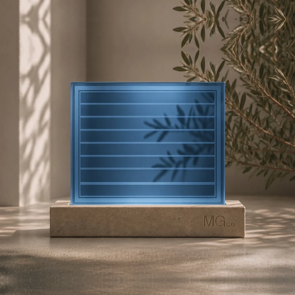 Blue satin glass with design sample