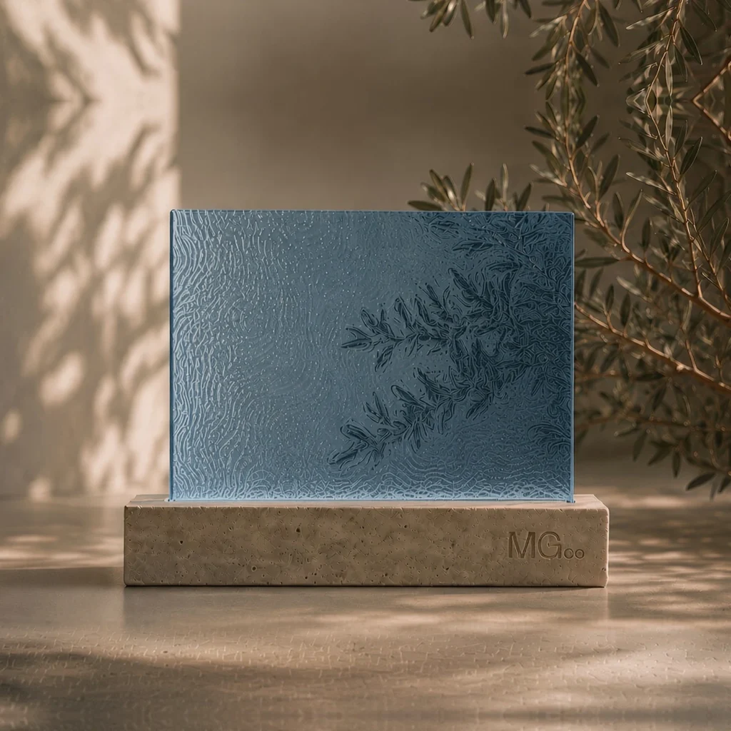 Blue Stippolyte patterned glass sample