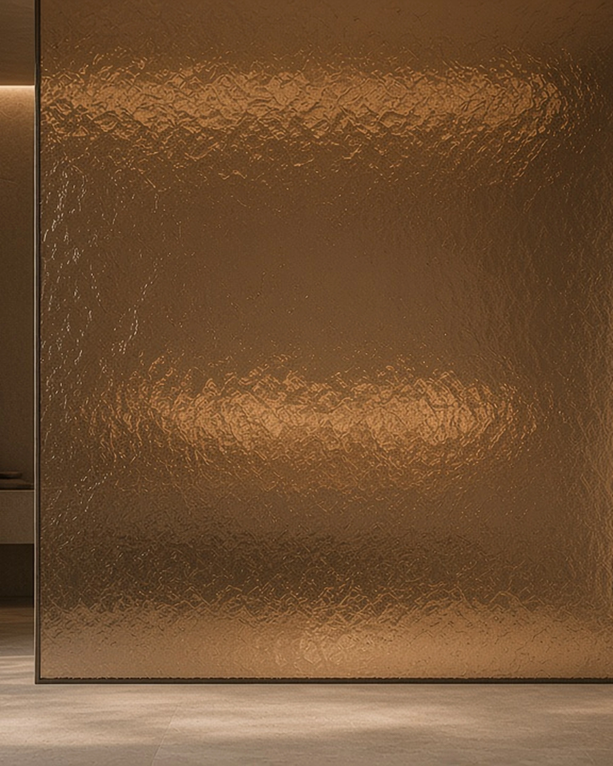 Bronze Arctic patterned glass in a shower screen, illustrative render