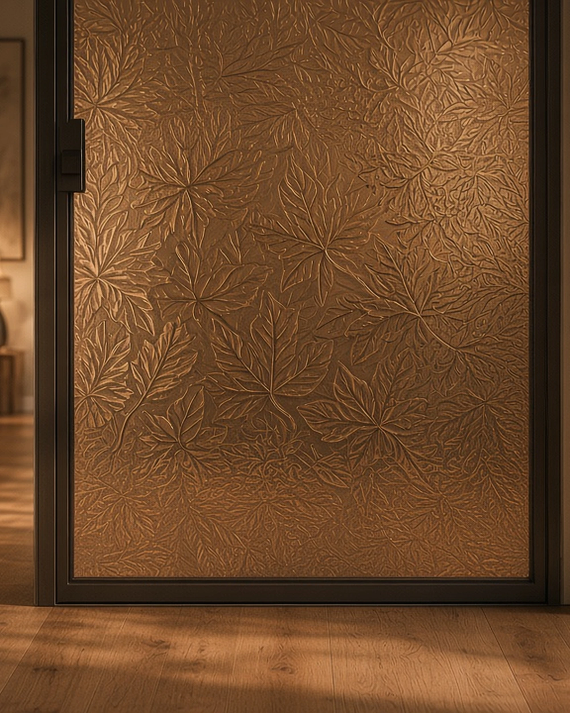Bronze Autumn Leaf patterned glass in an internal door, illustrative render