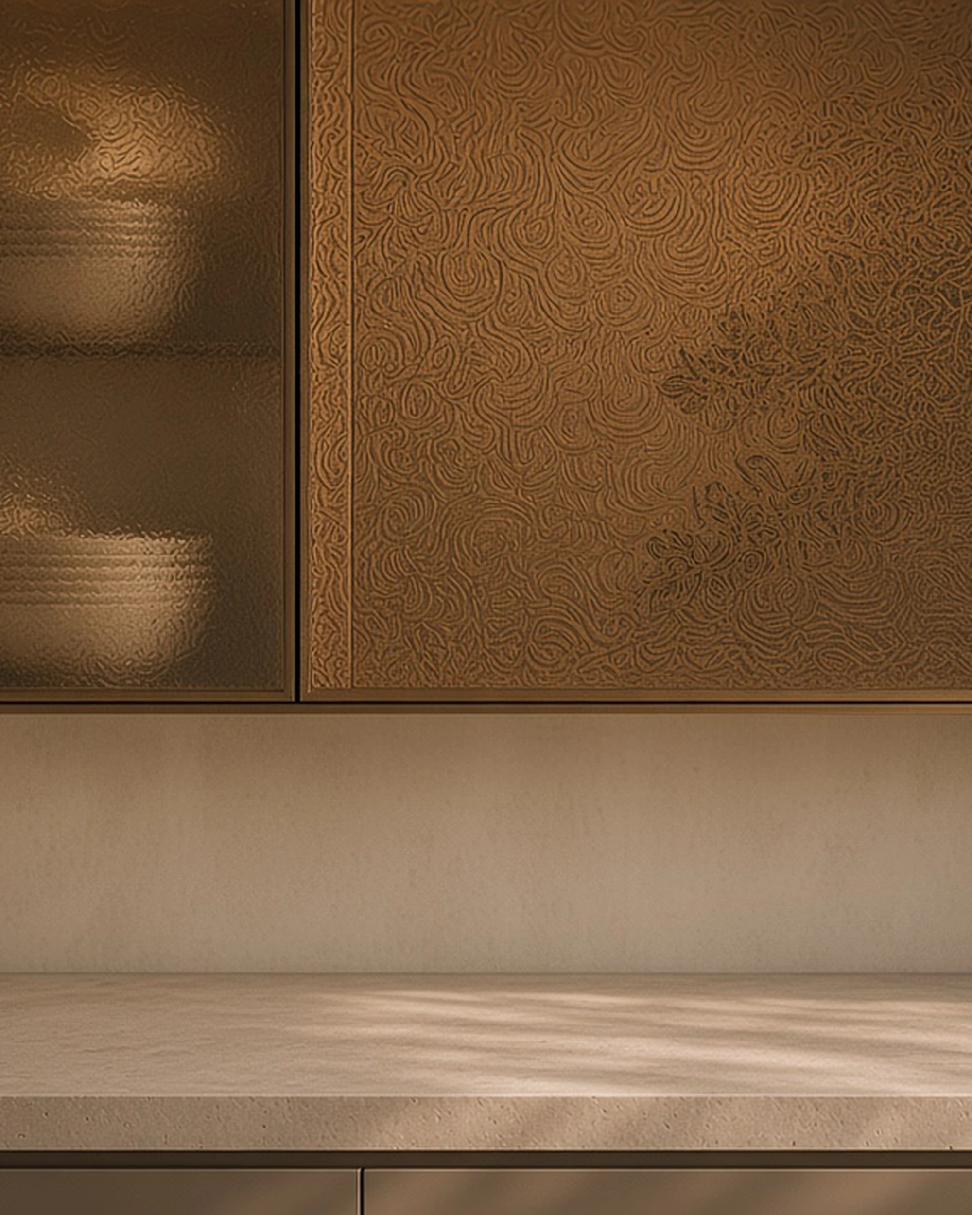 Bronze Chantilly patterned glass in kitchen cabinet doors, illustrative render