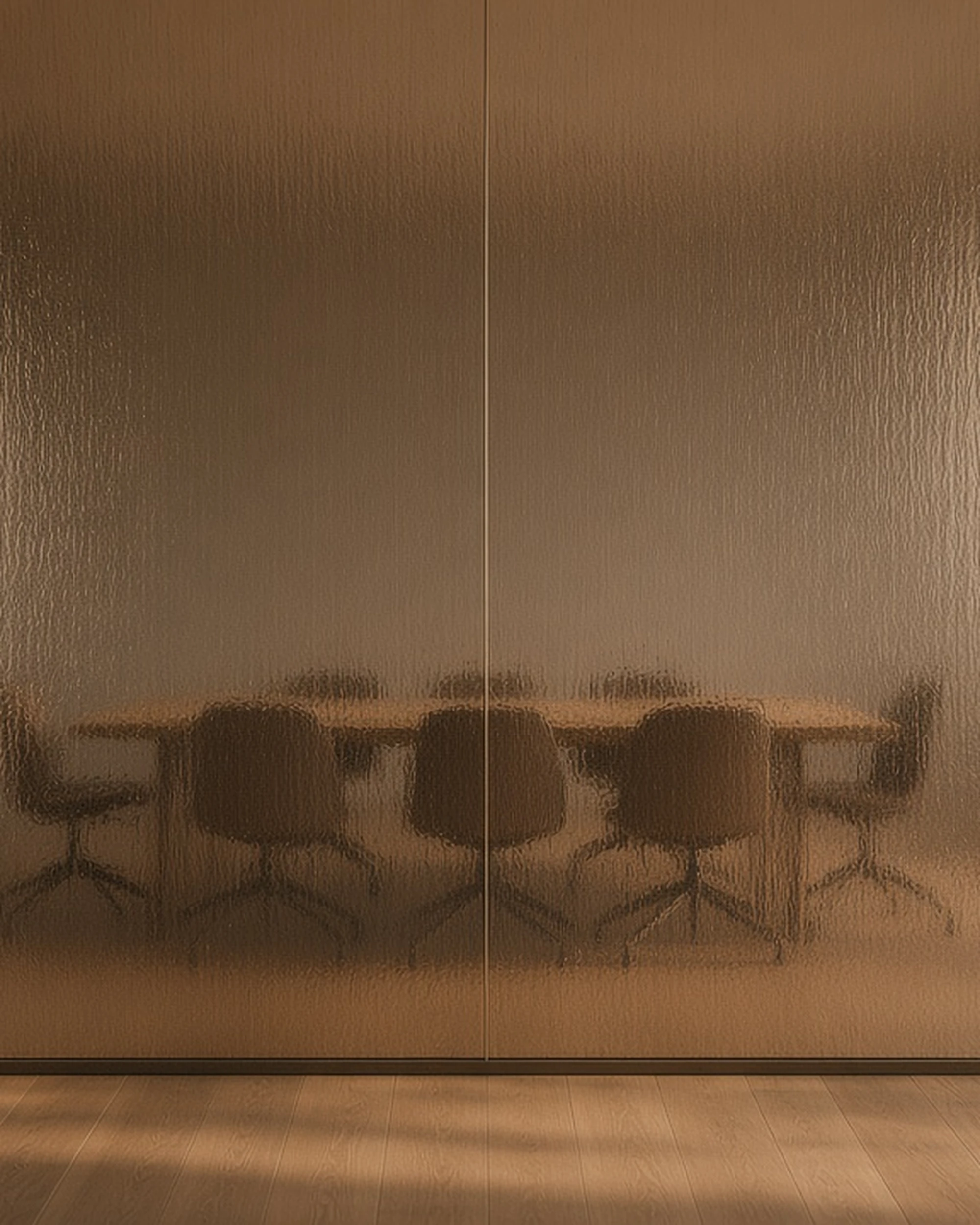 Bronze Charcoal Sticks patterned glass in an office partition, illustrative render