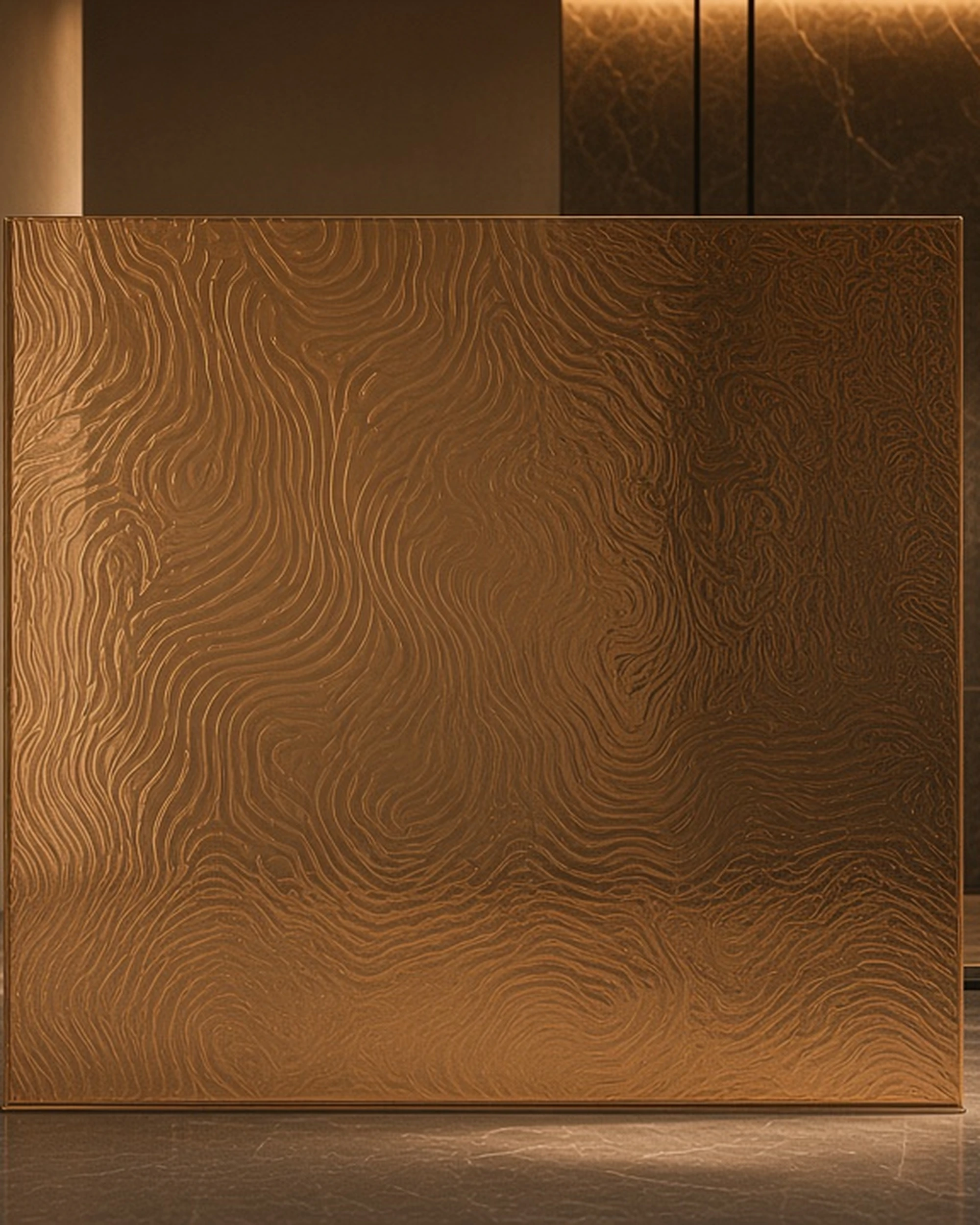 Bronze Contora glass shower screen in a stone bathroom, illustrative render
