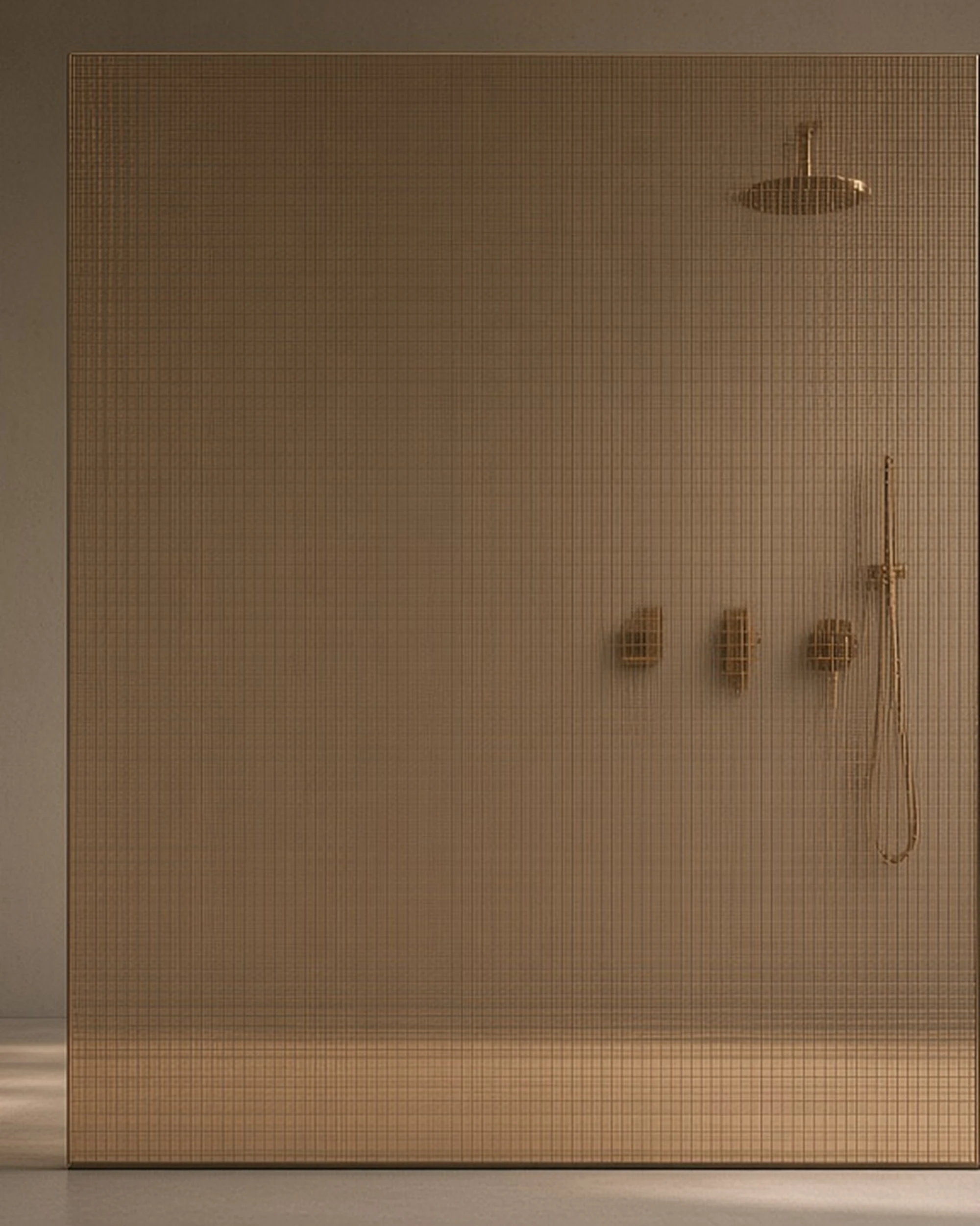 Bronze Digital patterned glass in a shower screen, illustrative render
