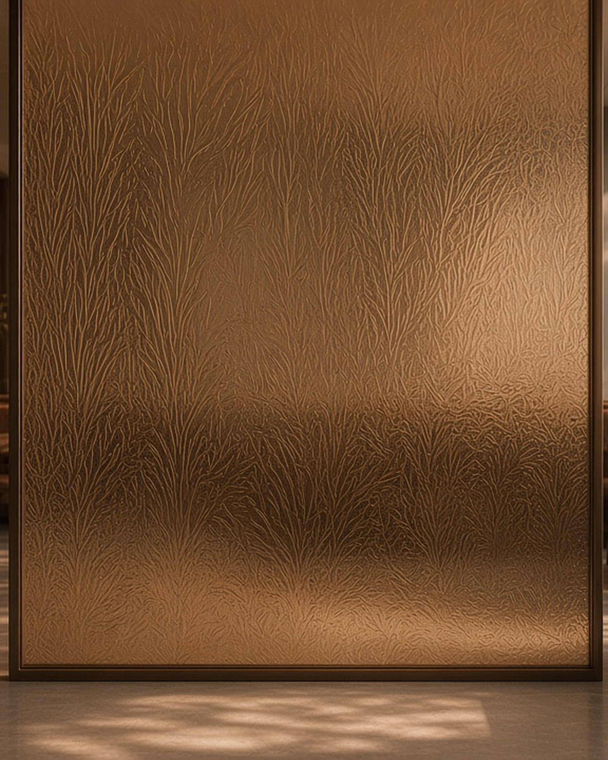 Bronze Everglade patterned glass as a restaurant screen, illustrative render