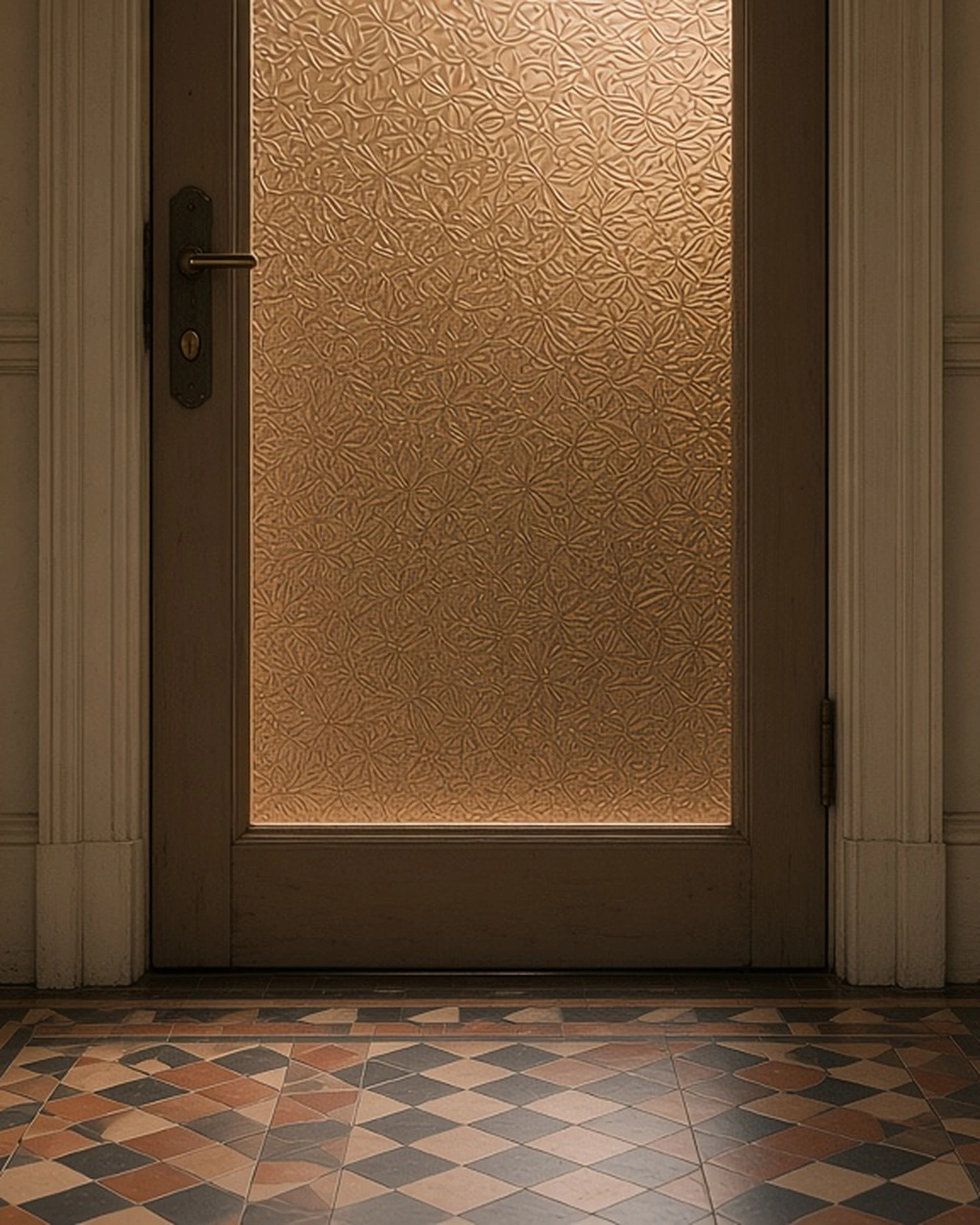 Bronze Mayflower patterned glass in a hallway door, illustrative render