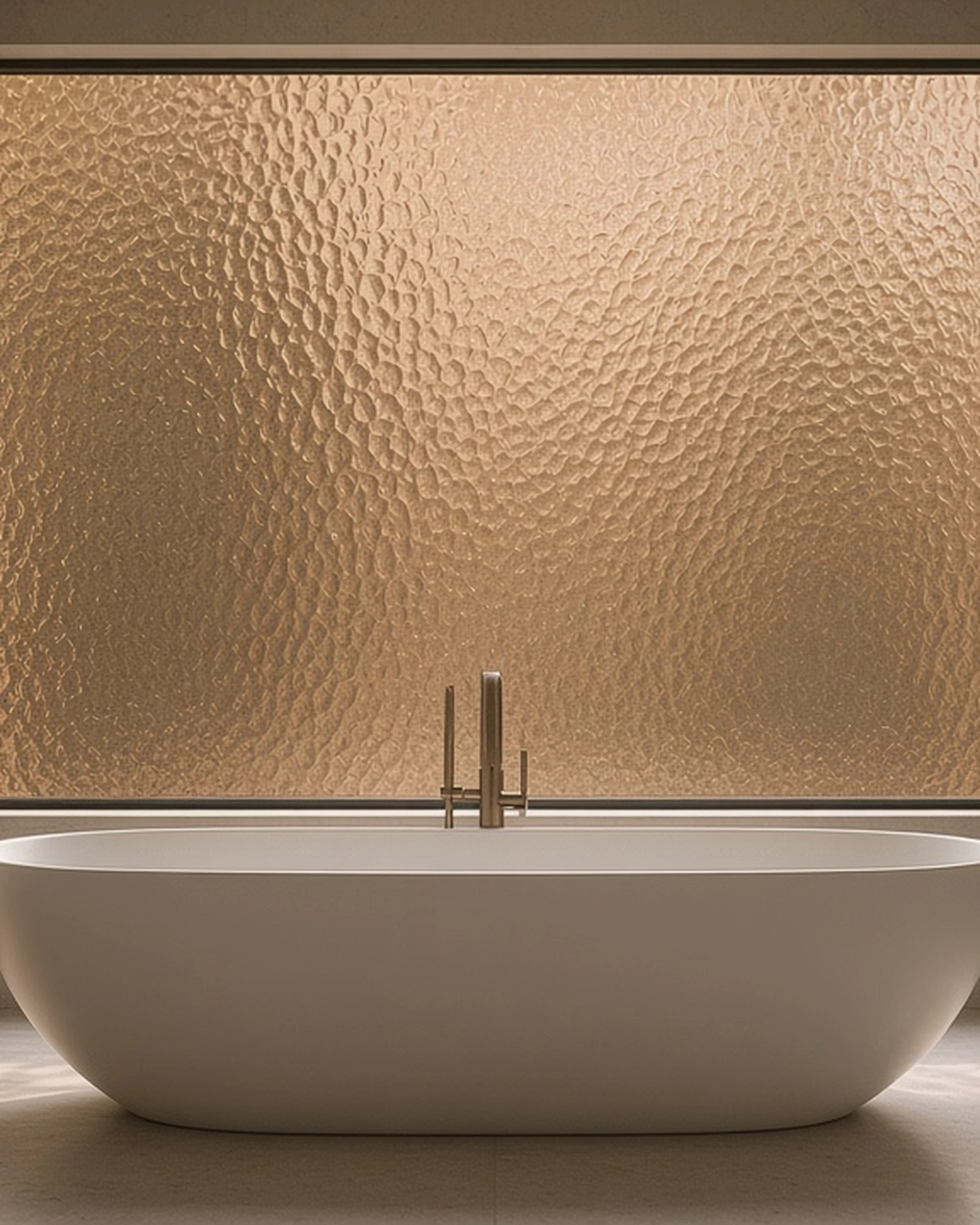 Bronze Minster patterned glass in a bathroom window, illustrative render