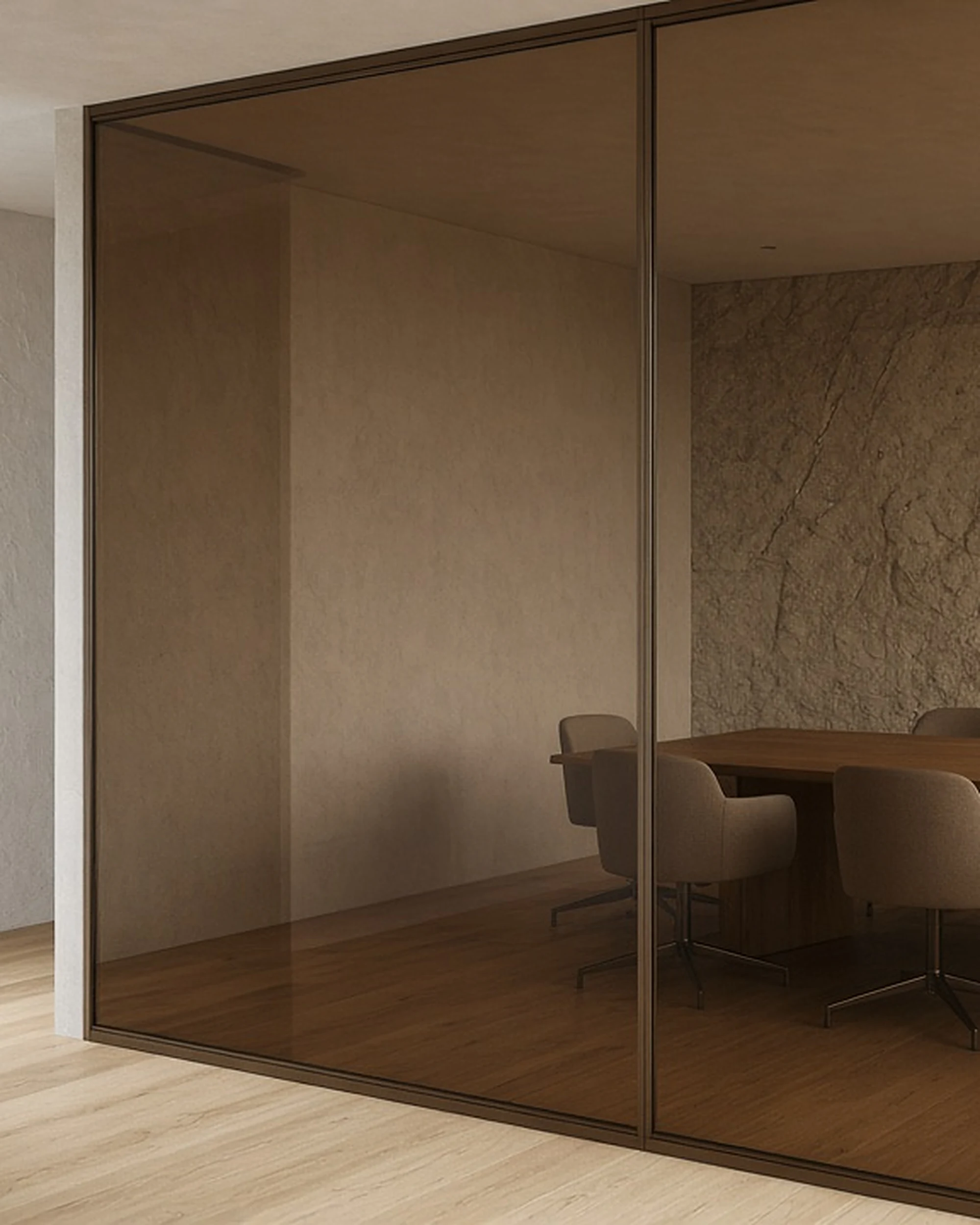 Bronze tint glass partition in a meeting room, illustrative render