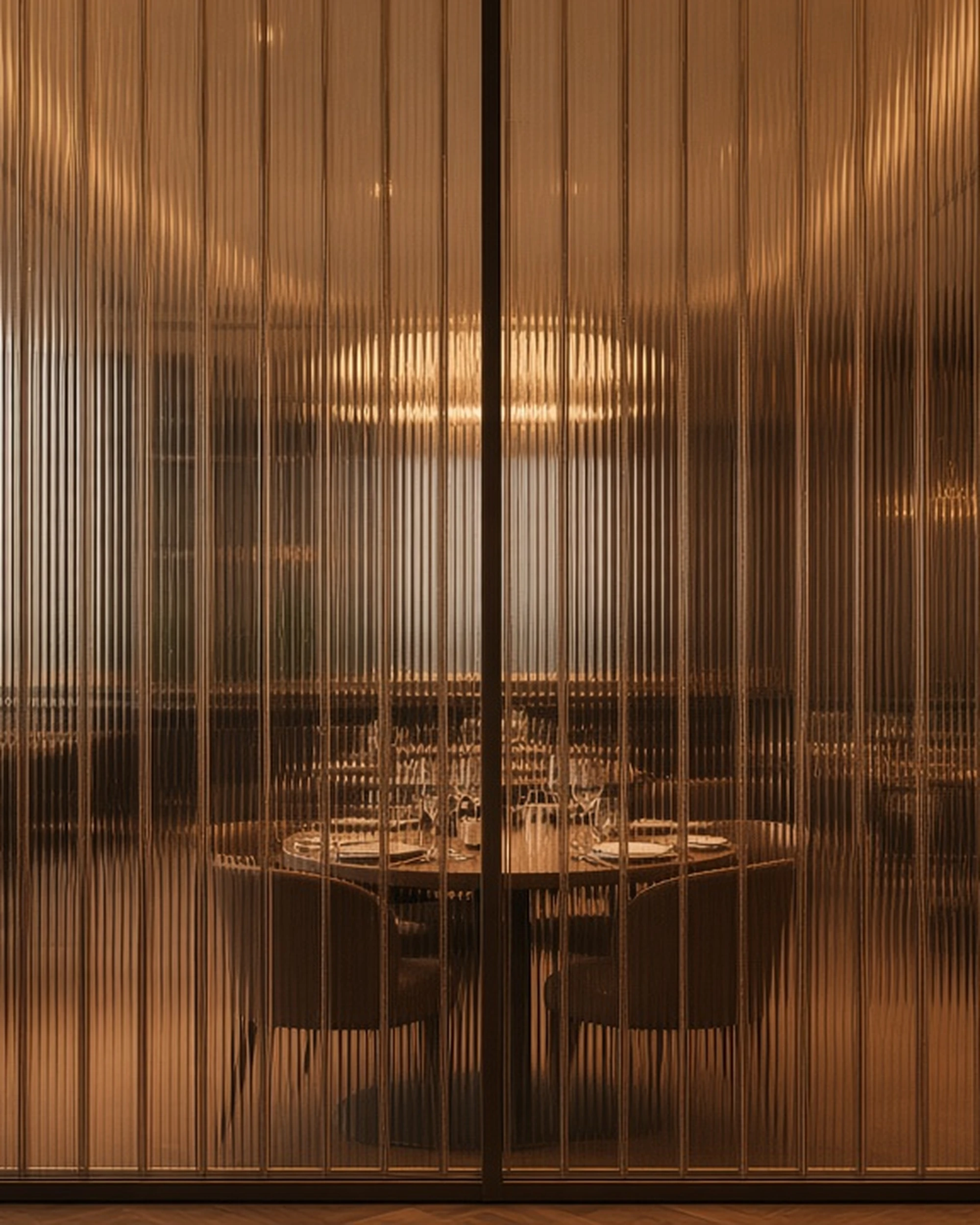 Bronze 12mm reeded glass screen in a restaurant, illustrative render