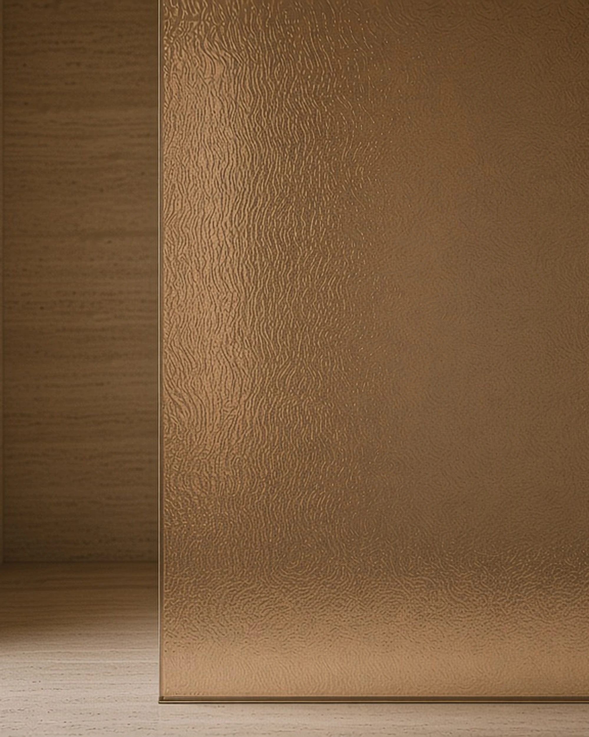 Bronze Stippolyte patterned glass in a shower screen, illustrative render