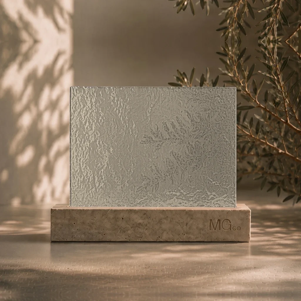 Arctic patterned glass with standard dove grey back-painted colour sample, illustrative colour only