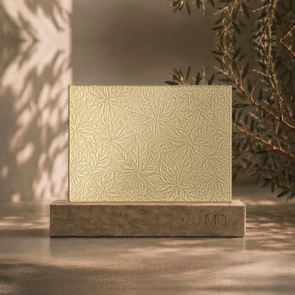 Autumn Leaf patterned glass with metallic champagne back-painted colour sample, illustrative colour only