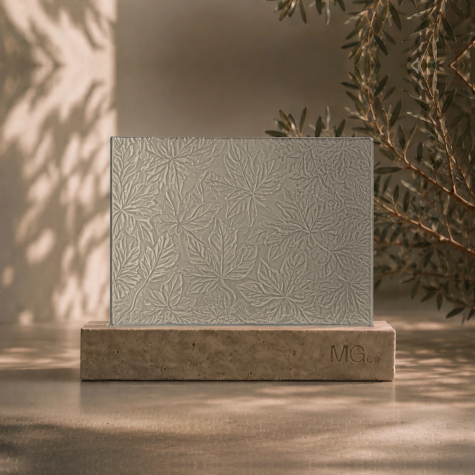 Autumn Leaf patterned glass with standard dove grey back-painted colour sample, illustrative colour only