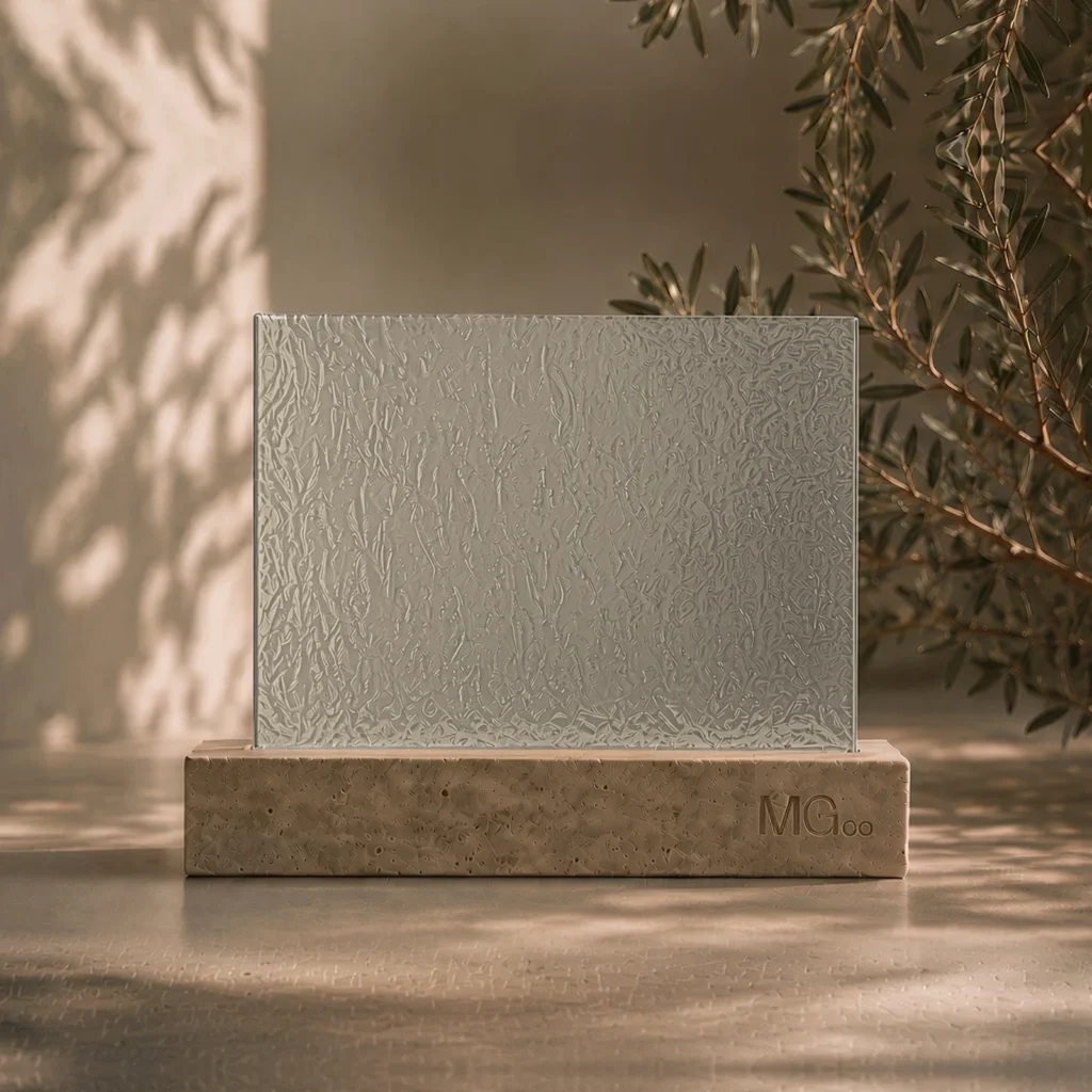 Charcoal Sticks patterned glass with standard dove grey back-painted colour sample, illustrative colour only