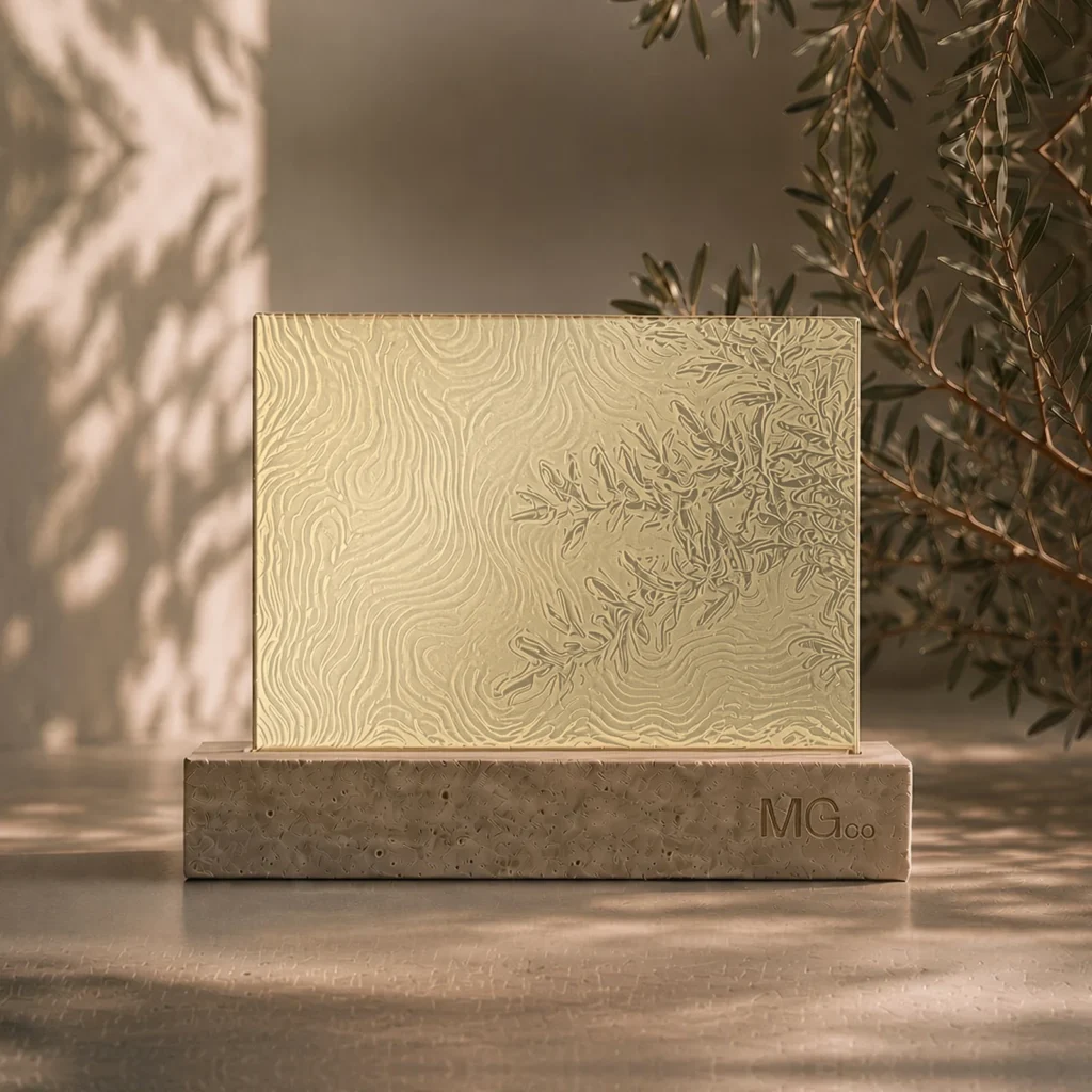 Contora patterned glass with metallic champagne back-painted colour sample, illustrative colour only