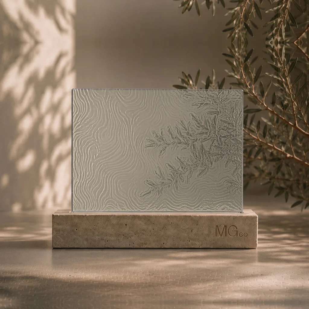 Contora patterned glass with standard dove grey back-painted colour sample, illustrative colour only