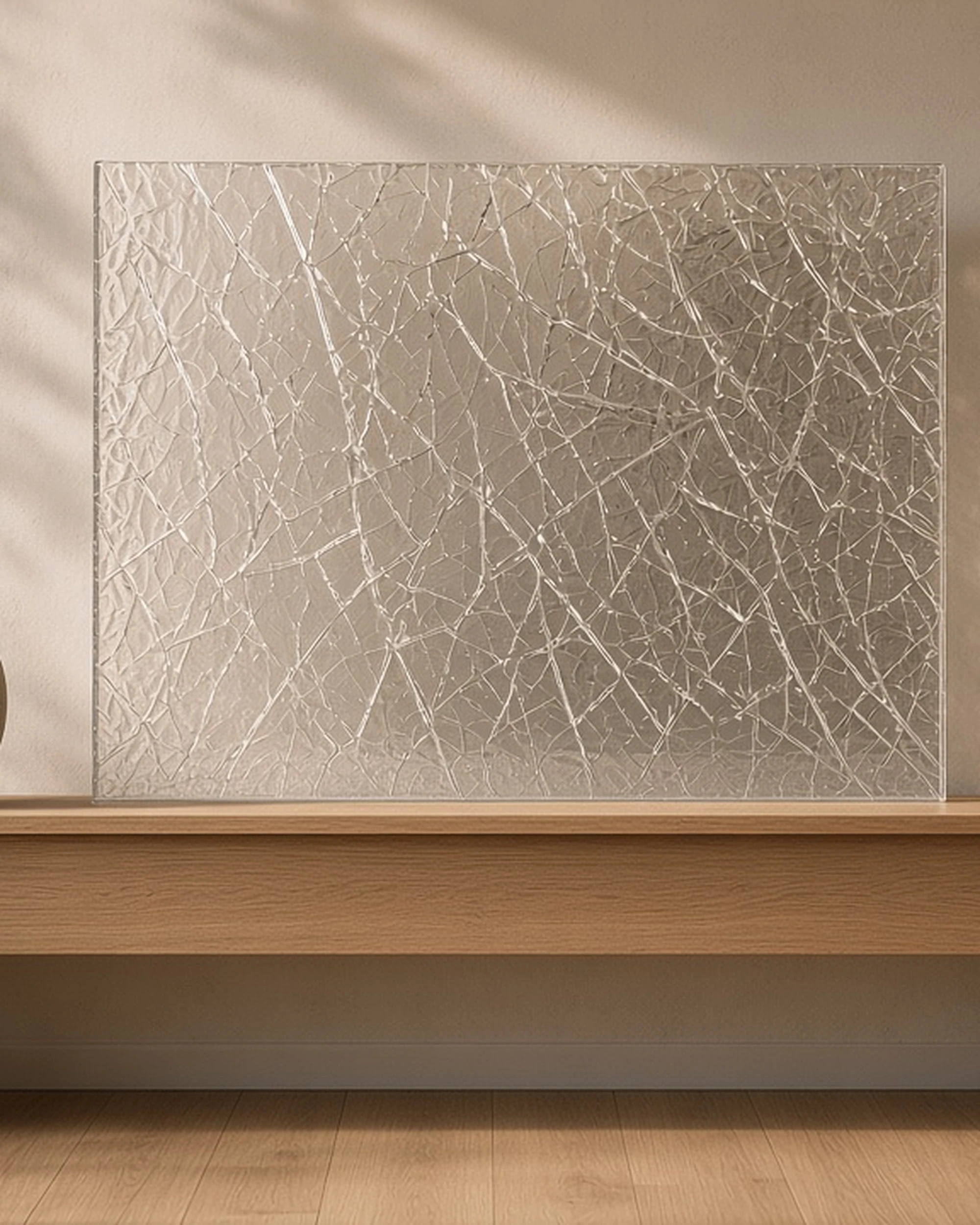 Clear crackle glass feature panel in a living room, illustrative render