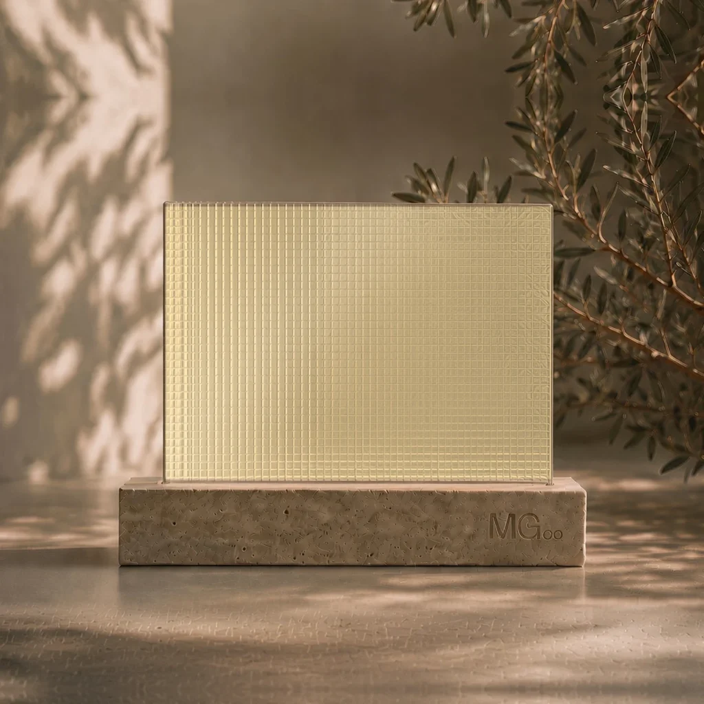 Digital patterned glass with metallic champagne back-painted colour sample, illustrative colour only