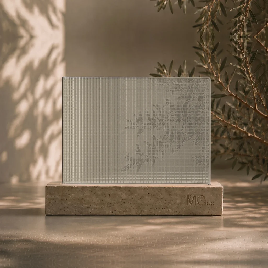 Digital patterned glass with standard dove grey back-painted colour sample, illustrative colour only