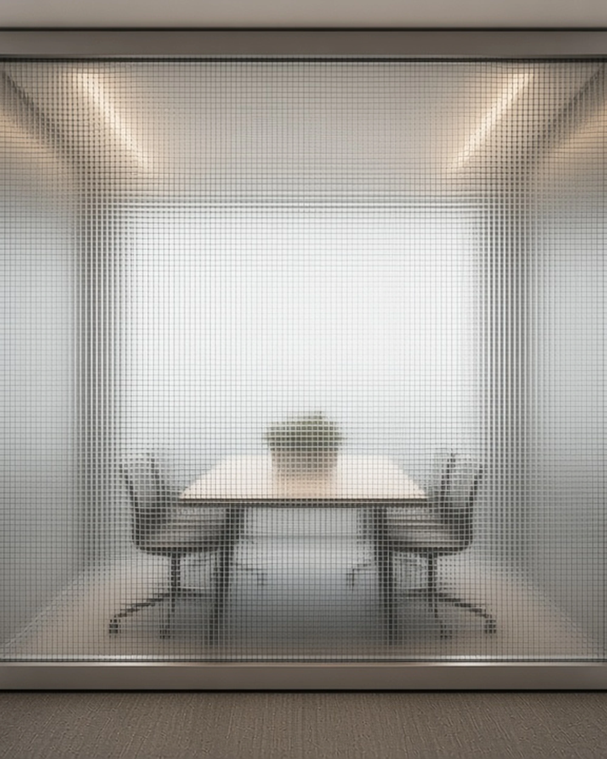 Digital patterned glass meeting pod screen in an office, illustrative render