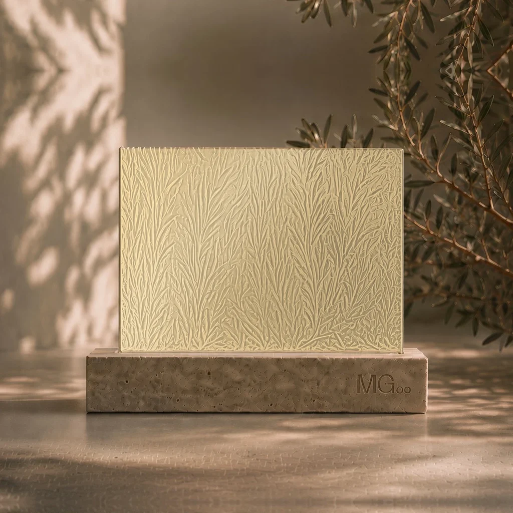 Everglade patterned glass with metallic champagne back-painted colour sample, illustrative colour only
