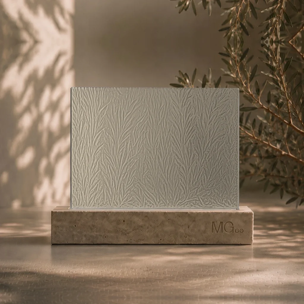Everglade patterned glass with standard dove grey back-painted colour sample, illustrative colour only