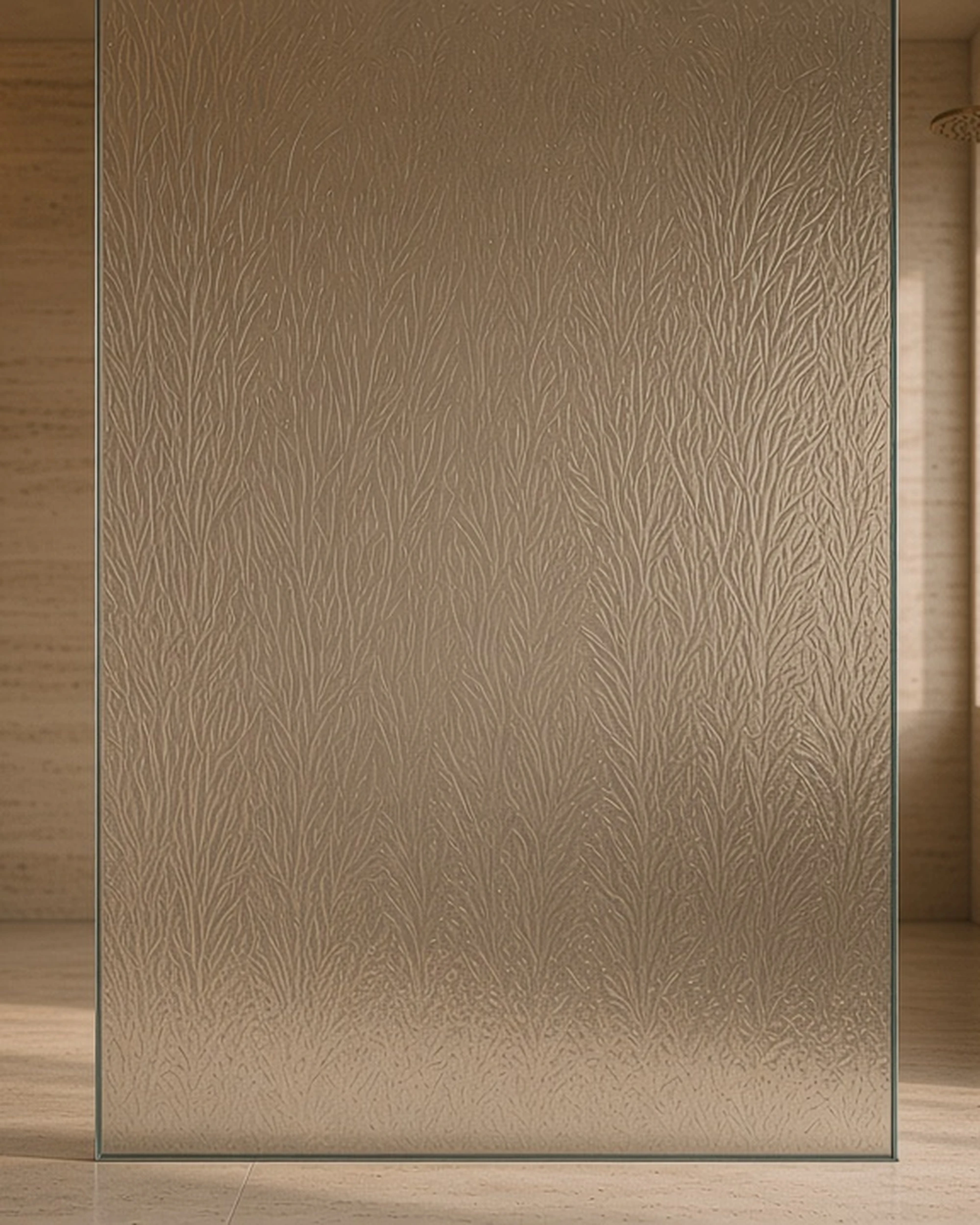 Everglade patterned glass shower screen in a travertine bathroom, illustrative render
