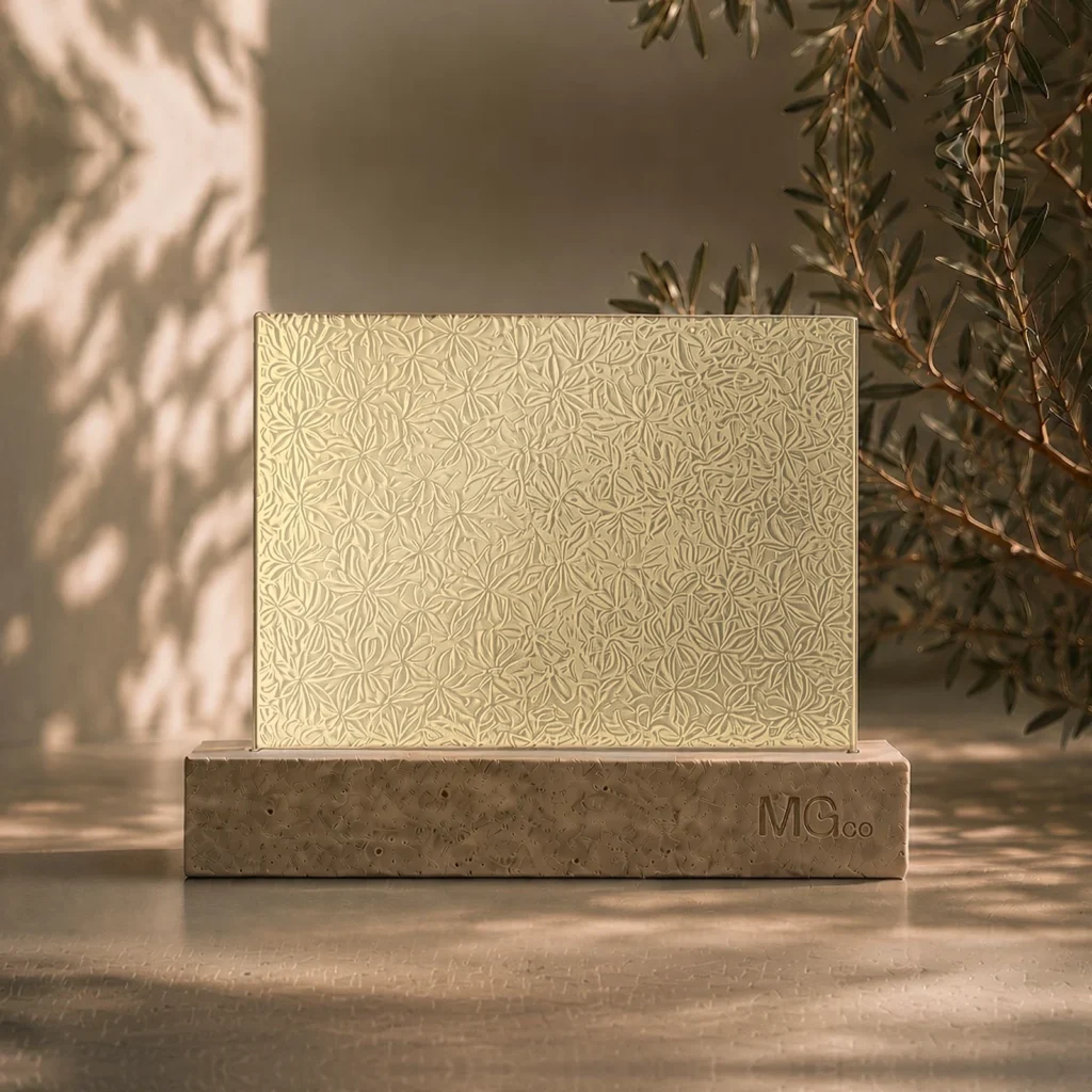 Mayflower patterned glass with metallic champagne back-painted colour sample, illustrative colour only