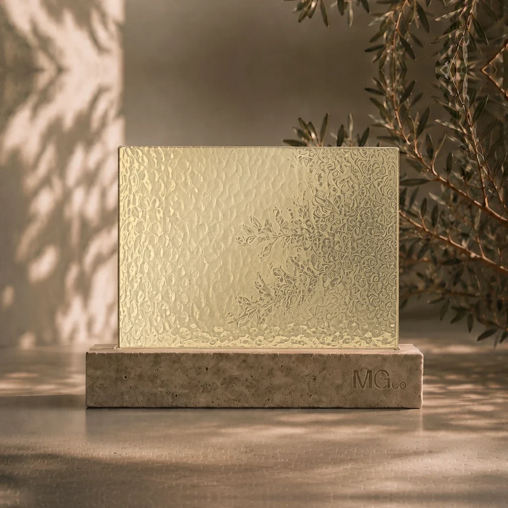 Minster patterned glass with metallic champagne back-painted colour sample, illustrative colour only