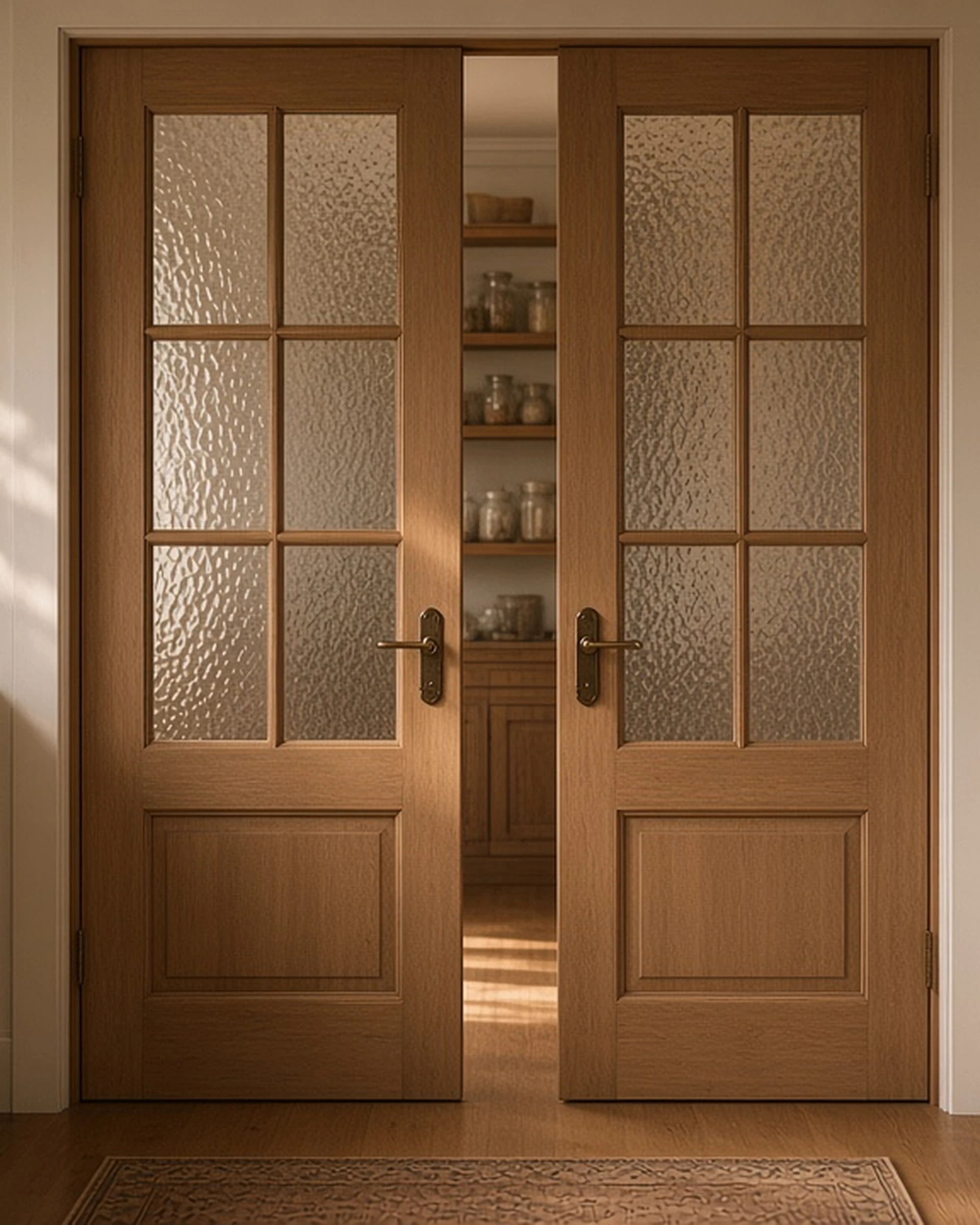 Minster patterned glass pantry door panels in a cottage kitchen, illustrative render