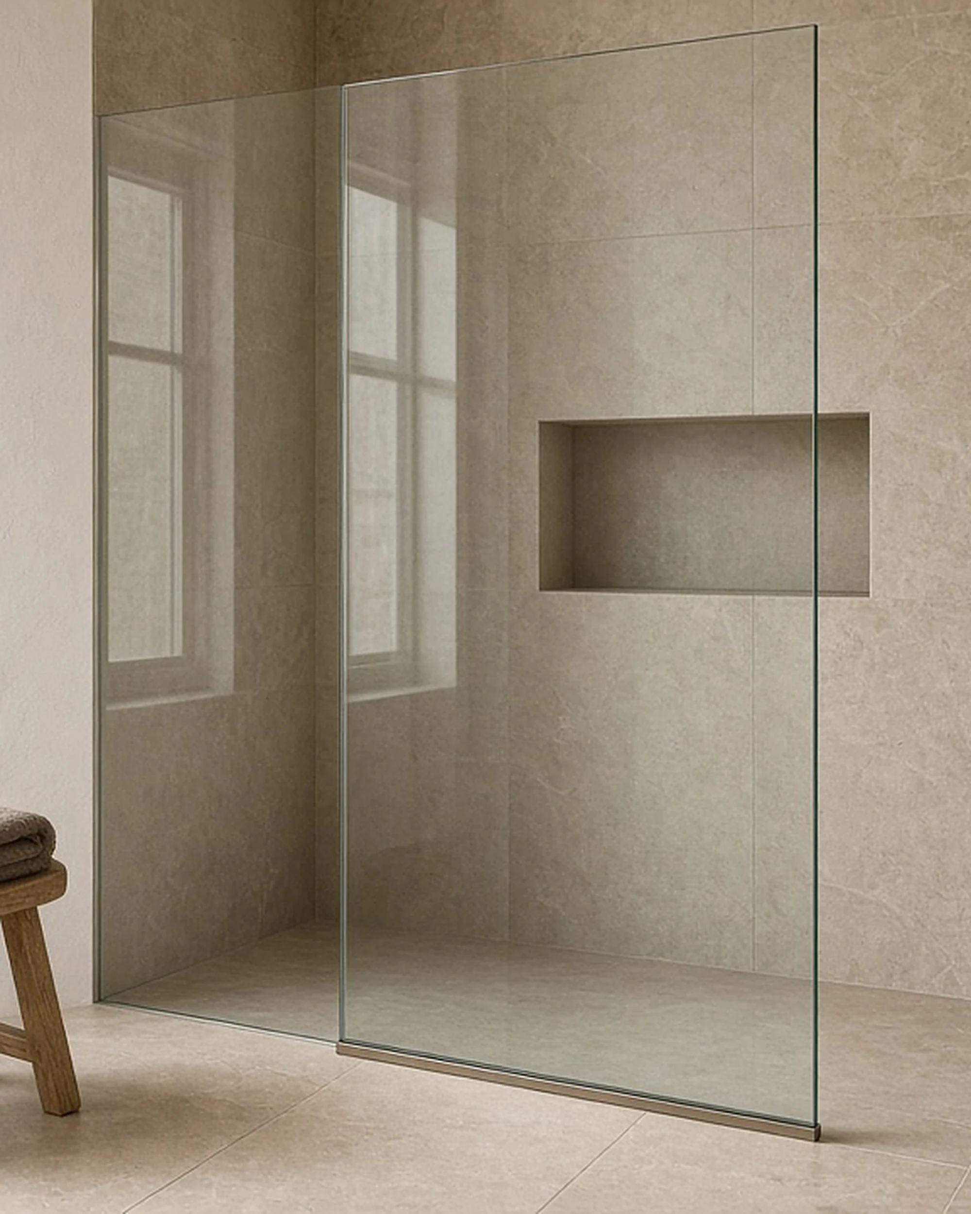 Clear float glass frameless shower screen in a bathroom, illustrative render