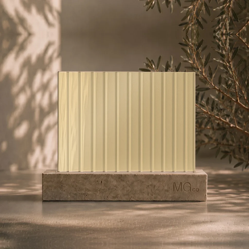 12mm reeded patterned glass with metallic champagne back-painted colour sample, illustrative colour only