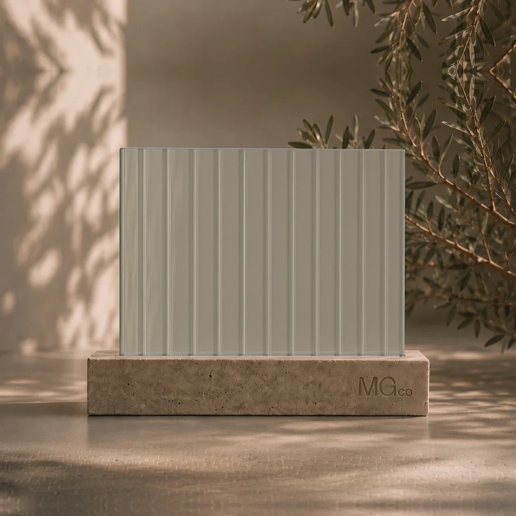 12mm reeded patterned glass with standard dove grey back-painted colour sample, illustrative colour only