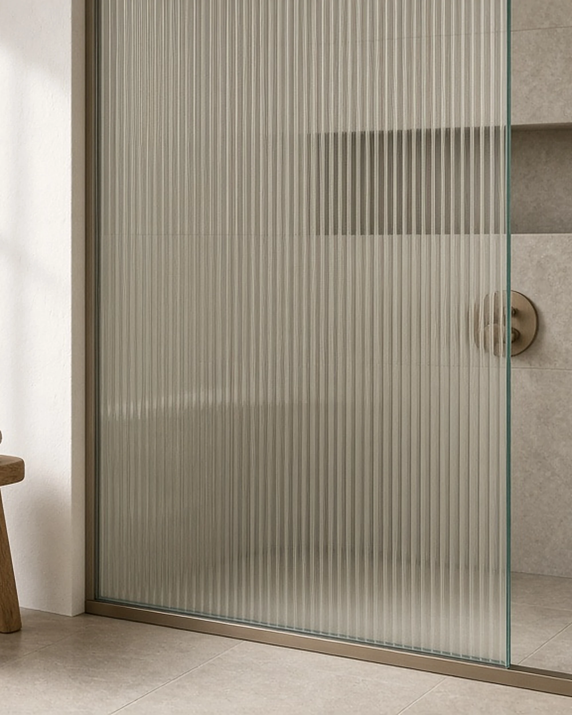 Clear 12mm reeded glass shower screen in a bathroom, illustrative render