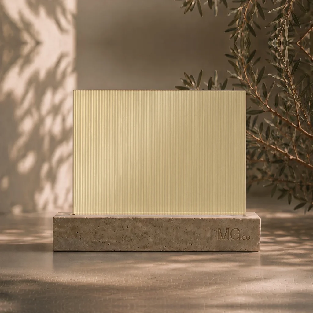 5mm reeded patterned glass with metallic champagne back-painted colour sample, illustrative colour only