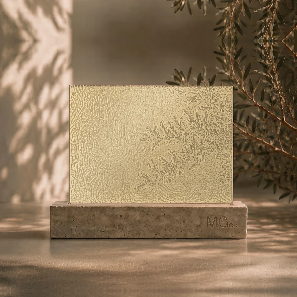 Stippolyte patterned glass with metallic champagne back-painted colour sample, illustrative colour only