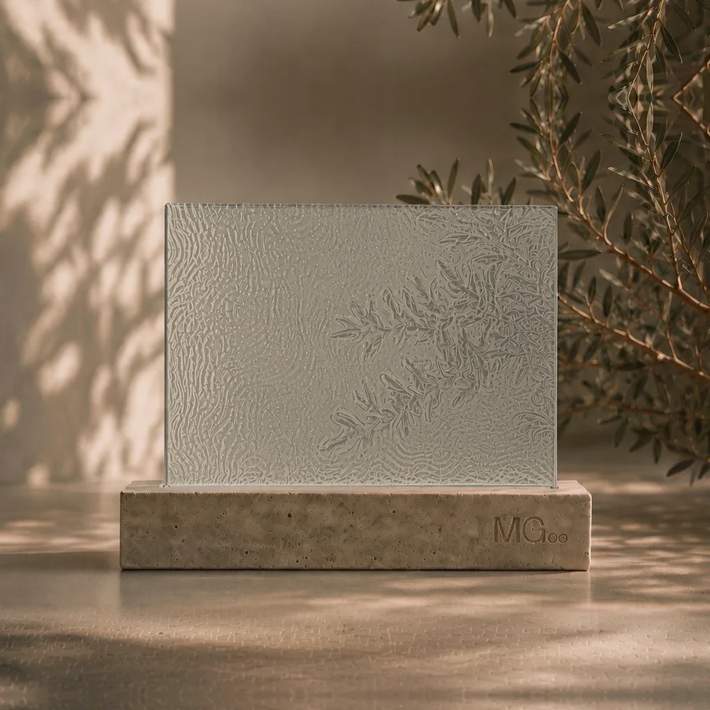 Stippolyte patterned glass with standard dove grey back-painted colour sample, illustrative colour only