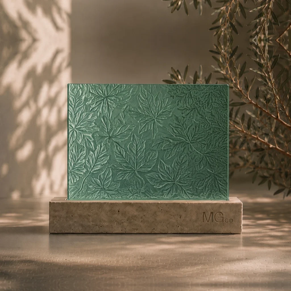 Green Autumn Leaf patterned glass sample