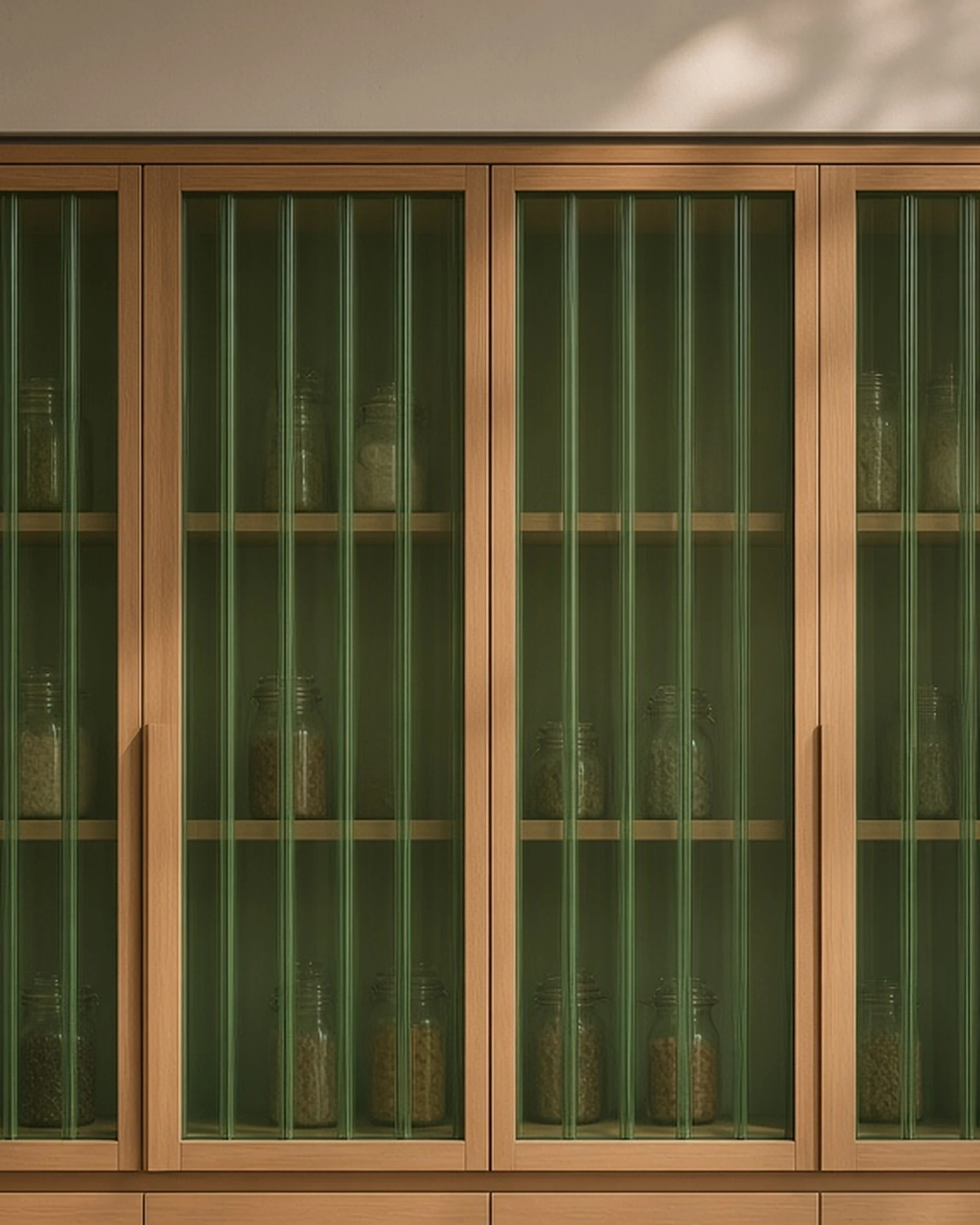 Green 12mm reeded glass pantry doors in a kitchen, illustrative render